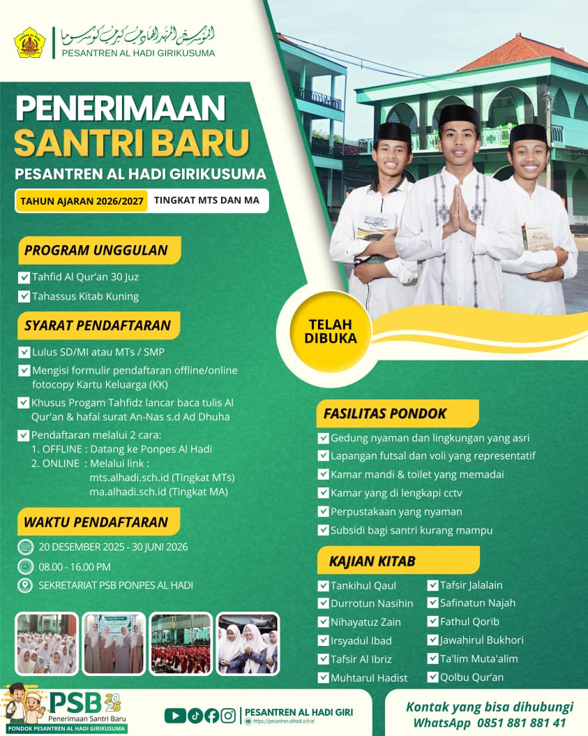 [INFO PENDAFTARAN] Penerimaan Santri Baru (PSB) Ponpes Al Hadi Girikusuma Tahun Ajaran 2026/2027 Telah Dibuka!